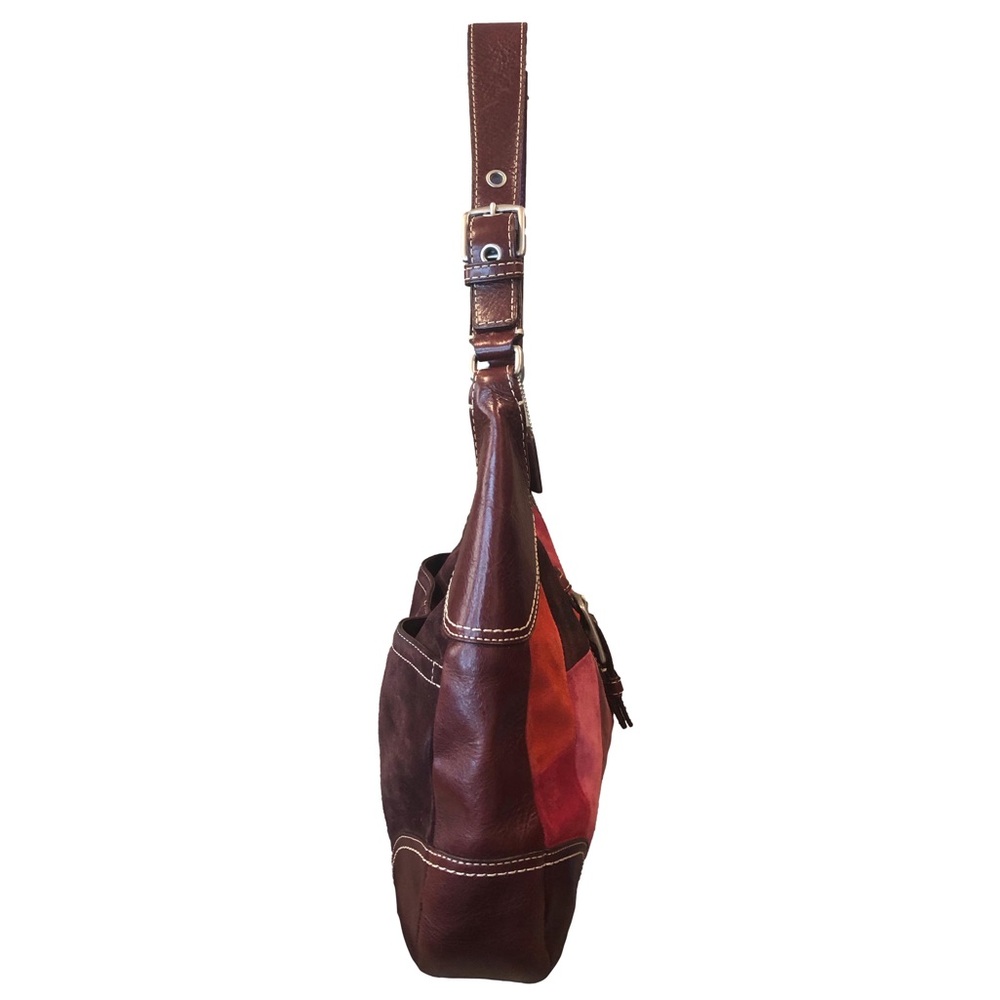 COACH Hampton Patchwork Mosaic Burgundy Leather Brown Suede Top Zip Shoulder Bag - Picture 5 of 17